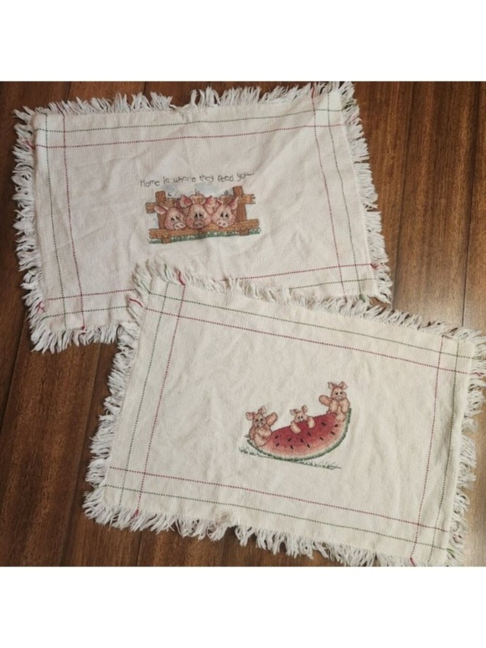Set of 2 Hand Embroidered Pig Placemats Wall Decor Rustic Farmhouse Decor